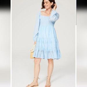 Area Stars Blue Eyelet Lace Smocked Tiered Dress Size S